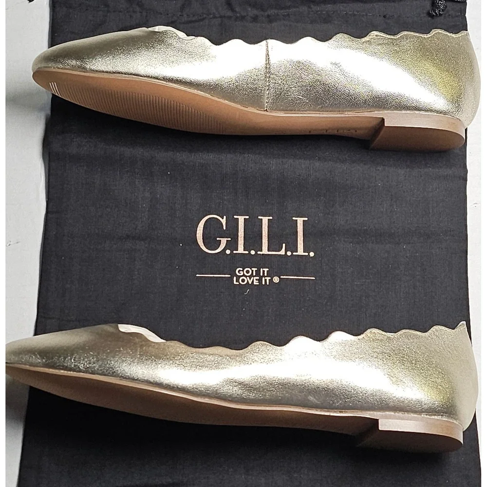 G.I.L.I.‎ Izzy Gold Metallic Scalloped Leather Ballet Flats womens 5.5 A274340